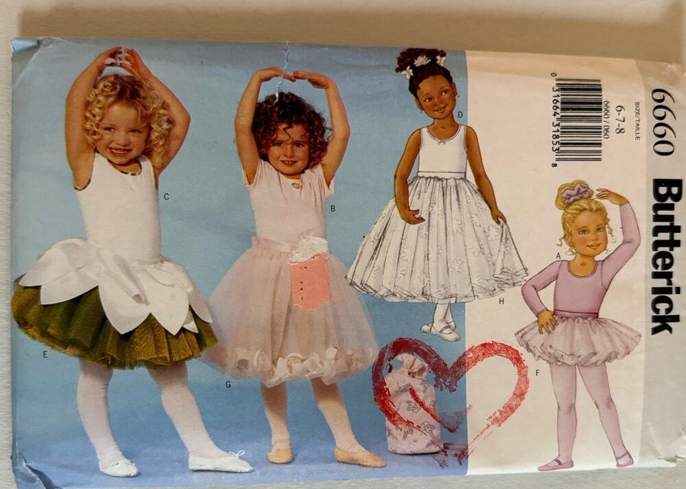 6660 Butterick Pattern Child Leotard Skirt Tutu Bag Ponytail Holder Size 6 7 8